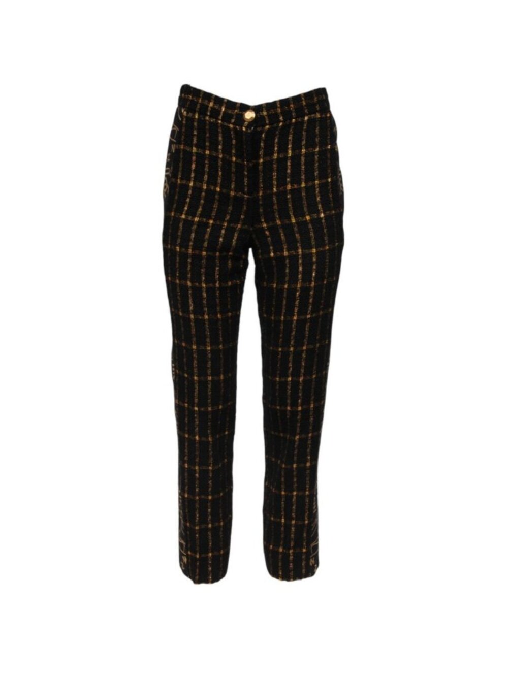 Chanel Womens Métiers d’Art 2019 Pants Size FR 36 Black Gold Tweed CC Logo